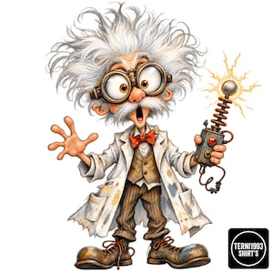 Könnte beinhalten: Eine Cartoon-Illustration eines Wissenschaftlers mit wildem weißem Haar, großer Schutzbrille und einem weißen Laborkittel über einer braunen Weste und Hose. Der Wissenschaftler hält ein metallisches Gerät, das gelbe elektrische Funken sprüht. Text: TERNI1993 SHIRT'S.