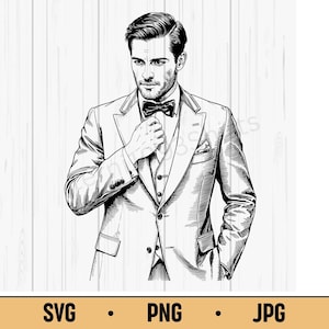 Gentleman SVG PNG JPG – Elegant Man with Suit & Pipe, Vintage Victorian Line Art