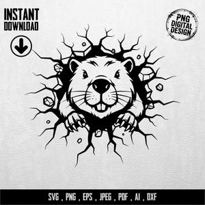 May include: A black and white digital design featuring a groundhog emerging from a cracked surface. The groundhog is smiling, with jagged lines around it. Text at the top says "INSTANT DOWNLOAD" and "PNG DIGITAL DESIGN". The bottom text lists file formats.