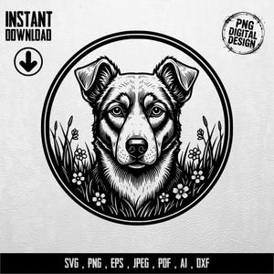 Könnte beinhalten: Schwarz-weiße digitale Illustration eines Hundegesichts in einem Kreis, umgeben von Gras und Blumen. Enthält die Texte "INSTANT DOWNLOAD" und "PNG DIGITAL DESIGN". Dateiformate: SVG, PNG, EPS, JPEG, PDF, AI, DXF.