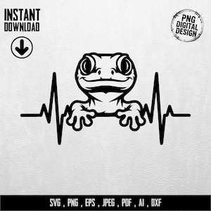 Könnte beinhalten: Schwarz-weißes digitales Design mit einem Gecko und einer Herzschlaglinie. Der Gecko lächelt und schaut über die Linie. Text enthält "INSTANT DOWNLOAD" und "PNG DIGITAL DESIGN". Dateiformate: SVG, PNG, EPS, JPEG, PDF, AI, DXF.
