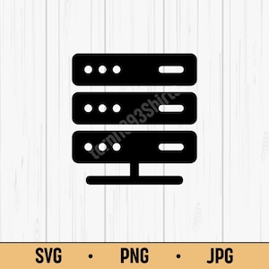 Könnte beinhalten: Schwarzes Server-Symbol mit drei gestapelten Abschnitten, jeweils mit Lichtern und einer horizontalen Linie. Der Server steht auf einer Basis mit einer horizontalen Linie. Der untere Teil des Bildes enthält den Text "SVG • PNG • JPG".