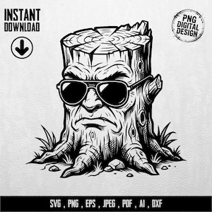 Grumpy Tree Stump Face SVG PNG Digital Design | Cool Wood Log Sunglasses Clipart | Outdoorsy Dad Gift Crafters