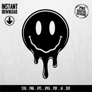 Könnte beinhalten: Schwarz-weißes digitales Design eines schmelzenden Smiley-Gesichts. Das Bild enthält den Text "INSTANT DOWNLOAD" mit einem Pfeil nach unten und "PNG DIGITAL DESIGN" in einem Kreis. Der untere Teil des Bildes enthält den Text "SVG, PNG, EPS, JPEG, PDF, AI, DXF."