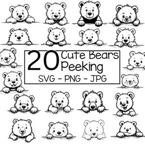 20 Cute Peeking Bear SVG PNG JPG - Bear Clipart Bundle, Hand-Drawn Animal Line Art, Digital Download for Sublimation