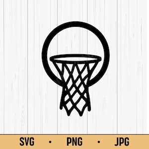 Könnte beinhalten: Schwarz-weiße Grafik eines Basketballkorbs. Der Reifen ist ein durchgehender schwarzer Kreis mit einem schwarzen Netz. Der Hintergrund ist ein weißes Holzmaserungsmuster. Der untere Teil des Bildes enthält den Text "SVG", ".", "PNG", ".", "JPG".