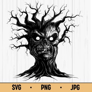 May include: A black and white illustration of a tree with a menacing face. The tree's branches form a crown, and its face has glowing white eyes and sharp teeth. The bottom of the image includes the text "SVG • PNG • JPG".