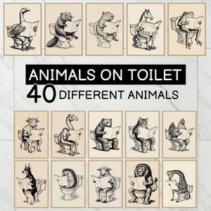 Könnte beinhalten: Eine Sammlung gerahmter Kunstdrucke mit verschiedenen Tieren, wie einer Gans, einem Biber und einem Frosch, die auf Toiletten sitzen und Zeitungen lesen. Der Text "ANIMALS ON TOILET" und "40 DIFFERENT ANIMALS" ist mittig platziert.