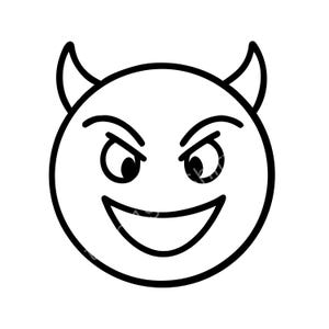 Puede incluir: Ilustración en blanco y negro de un emoji de diablo. El emoji tiene una cara redonda con dos cuernos curvos, una amplia sonrisa y dos ojos angulados, que transmiten una expresión traviesa.