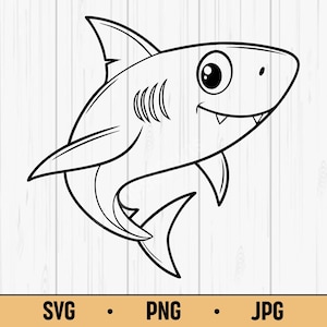Tiburón de dibujos animados lindo SVG PNG: Clipart de tiburón sonriente para niños, descarga digital de animales del océano para Cricut y sublimación