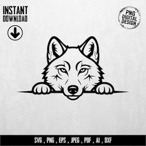 Può includere: Un design digitale in bianco e nero della testa di un lupo, che sbuca da una linea orizzontale. L'immagine include il testo "INSTANT DOWNLOAD" e "PNG DIGITAL DESIGN". Il design è disponibile nei formati SVG, PNG, EPS, JPEG, PDF, AI e DXF.