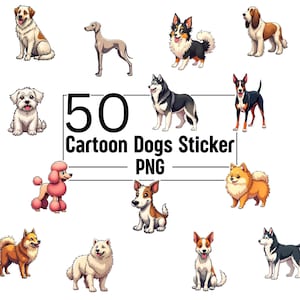 50 Cartoon Dog Stickers PNG Bundle - Cute Puppy Clipart, Dog Clipart, Cartoon Dog Scrapbook, Digital Download