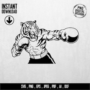 Può includere: Design digitale in bianco e nero di una tigre con guantoni da boxe, a metà di un pugno. L'immagine include il testo "INSTANT DOWNLOAD" e "PNG DIGITAL DESIGN". La parte inferiore dell'immagine include le opzioni del tipo di file: SVG, PNG, EPS, JPEG, PDF, AI, DXF.