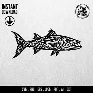 Könnte beinhalten: Schwarz-weißes digitales Design eines Barrakuda-Fisches mit komplizierten Stammesmustern. Das Bild enthält den Text "INSTANT DOWNLOAD" und "PNG DIGITAL DESIGN". Der untere Teil des Bildes zeigt Dateitypoptionen: SVG, PNG, EPS, JPEG, PDF, AI, DXF.