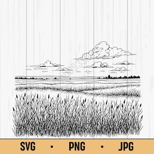 Könnte beinhalten: Schwarz-Weiß-Linienzeichnung einer Landschaft mit hohem Gras, einem Feld und Wolken. Das Bild enthält den Text "SVG • PNG • JPG" am unteren Rand.