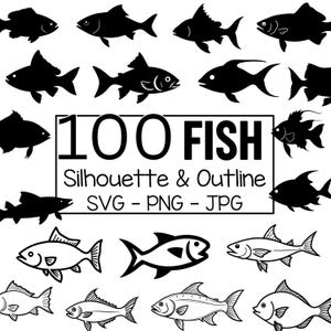 Könnte beinhalten: Schwarz-weiß-Bild mit 100 Fischsilhouetten und -konturen. Das Design zeigt verschiedene Fischformen, begleitet vom Text "100 FISH Silhouette & Outline SVG - PNG - JPG" in einem rechteckigen Rahmen.