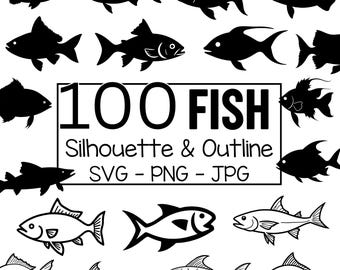 100 Fish SVG PNG JPG Bundle - Fish Silhouette, Fish Clipart, Fish Cricut, Silhouette & Outline Fish Clipart Cricut and Sublimation