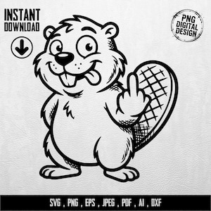Puede incluir: Un castor de dibujos animados en blanco y negro haciendo una peineta. La imagen incluye el texto "INSTANT DOWNLOAD" con una flecha hacia abajo y "PNG DIGITAL DESIGN". Debajo del castor está el texto "SVG, PNG, EPS, JPEG, PDF, AI, DXF".