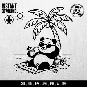 Könnte beinhalten: Schwarz-weißes digitales Design eines Pandas, der sich am Strand unter einer Palme entspannt, eine Sonnenbrille trägt und ein tropisches Getränk hält. Das Bild enthält den Text "INSTANT DOWNLOAD" und "PNG DIGITAL DESIGN".