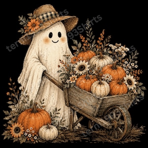 Cute Halloween Ghost PNG with Pumpkin Wheelbarrow and Sunflowers for Sublimation Shirts and Fall Crafts Digital Download