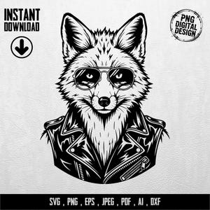 Könnte beinhalten: Schwarz-weiße digitale Illustration eines Fuchses mit Sonnenbrille und Lederjacke. Der Text enthält "INSTANT DOWNLOAD" und "PNG DIGITAL DESIGN". Dateiformate: SVG, PNG, EPS, JPEG, PDF, AI, DXF.