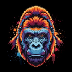 Könnte beinhalten: Eine lebendige Illustration eines Gorillakopfes vor schwarzem Hintergrund. Das Fell des Gorillas ist eine Mischung aus Orange, Blau, Lila und Rot. Farbspritzer in Orange, Blau und Rot verleihen dem Kunstwerk eine dynamische Note.