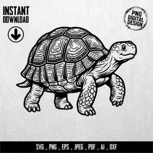 May include: Black and white digital design of a tortoise, with detailed shell patterns and a smiling face. Includes the text "INSTANT DOWNLOAD" and "PNG DIGITAL DESIGN". File formats: SVG, PNG, EPS, JPEG, PDF, AI, DXF.