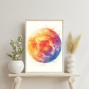Colorful Watercolor Planet Poster Print – Digital Space Art, Modern Wall Decor for Office & Living Room, Wall Decoration