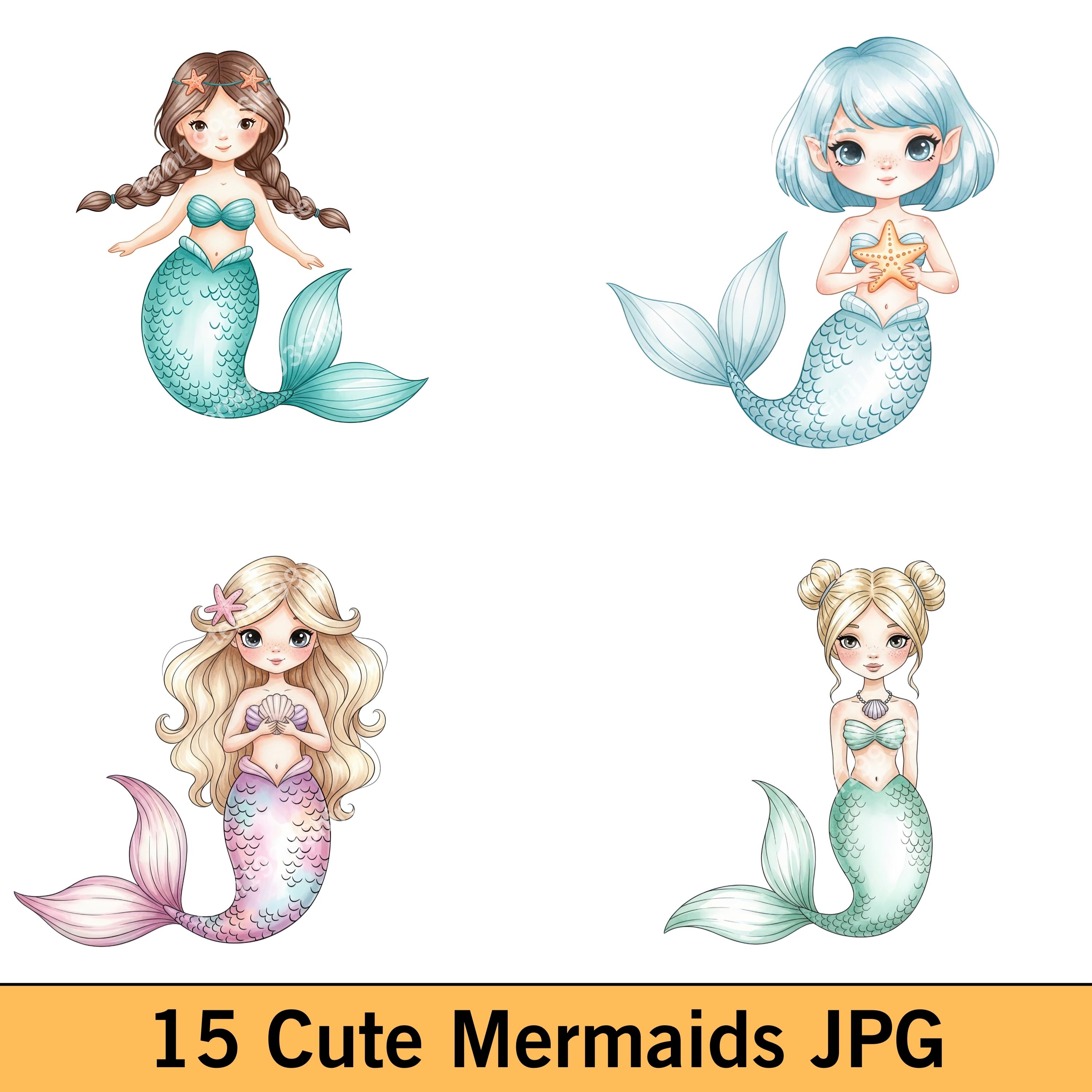 15 Cute Mermaid Watercolor Clipart JPG Bundle - Fantasy Ocean ...