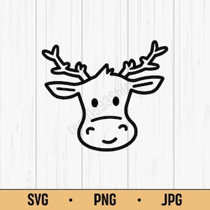 Cute Moose Face SVG PNG JPG – Hand Drawn Cartoon Moose Head Line Art for Kids Crafts, Woodland Nursery Decor & Stickers, Digital Download