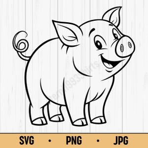 Cerdo lindo SVG PNG: Clipart de cerdo de dibujos animados feliz para niños, descarga digital de animales de granja para Cricut y sublimación