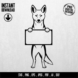 Puede incluir: Diseño digital en blanco y negro de un perro sosteniendo un letrero en blanco. La imagen incluye el texto "INSTANT DOWNLOAD" con una flecha hacia abajo y "PNG DIGITAL DESIGN". La parte inferior de la imagen incluye el texto "SVG, PNG, EPS, JPEG, PDF, AI, DXF".