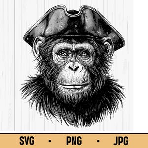 Könnte beinhalten: Schwarz-Weiß-Illustration eines Schimpansen mit Piratenhut. Der Schimpanse hat detailliertes Fell und Gesichtszüge, mit einem ernsten Ausdruck. Der Text "SVG • PNG • JPG" ist unten im Bild enthalten.