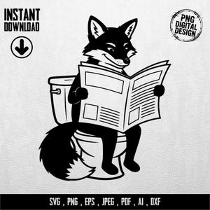 Könnte beinhalten: Schwarz-weißes digitales Design eines Fuchses, der auf einer Toilette sitzt und eine Zeitung liest. Das Bild enthält den Text "INSTANT DOWNLOAD" und "PNG DIGITAL DESIGN". Der untere Teil des Bildes enthält den Text "SVG, PNG, EPS, JPEG, PDF, AI, DXXF".