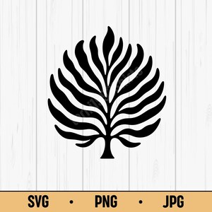 Könnte beinhalten: Schwarze, blattförmige Grafik mit detailliertem Adernmuster. Das Design ist vor einem weißen Holzgrund platziert. Am unteren Rand steht der Text "SVG • PNG • JPG".