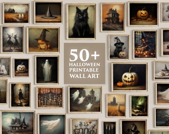 50+ Vintage Halloween Print Set, Spooky Gothic Gallery Wall Art Bundle, Dark Moody Fall Decor, Witch Ghost Bat Printable Mega Bundle
