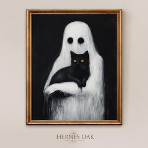 Impresión digital de fantasma sosteniendo un gato negro, arte de pared fantasma imprimible, decoración de Halloween, decoración de Dark Academia, arte de pared imprimible