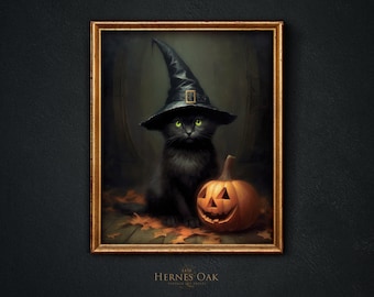 Impressão de gato preto de Halloween, arte de parede assustadora para impressão