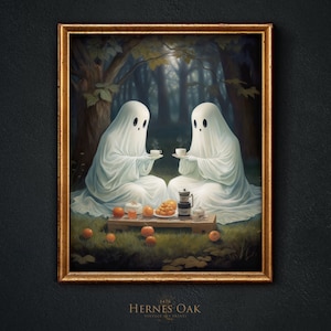 Ghost tea party, Ghosts in the Forest, Halloween Digital Print, Ghost picnic, Gothic Spirits, Dark Academia, Gothic Painting