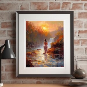 Digital Art Piece: Oil Painting on Canvas, Woman in River, Waterfall, Nature, Stream