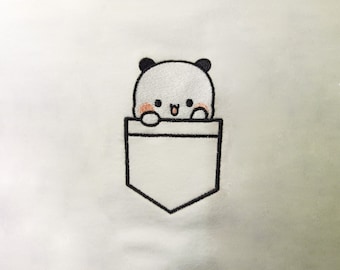 May include: A white t-shirt with a black embroidered pocket featuring a cute panda peeking out.