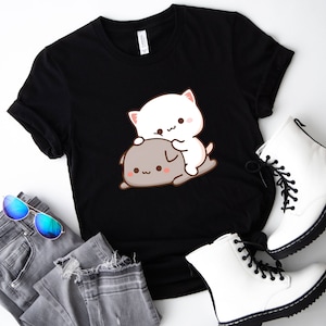 Whimsical Cuddling Duo: Mochi Peach Cat, Peach and Goma, Bubu and Dudu, Gift for her, Cute Kawaii Shirt, Panda Bear, Birthday gift