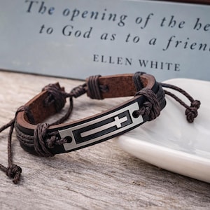 Men's Christian Religion Cross Crucifix Brown Black Metal Leather Bracelets Confirmation Gifts for Men Teenagers Adjustable Wrap Bracelet