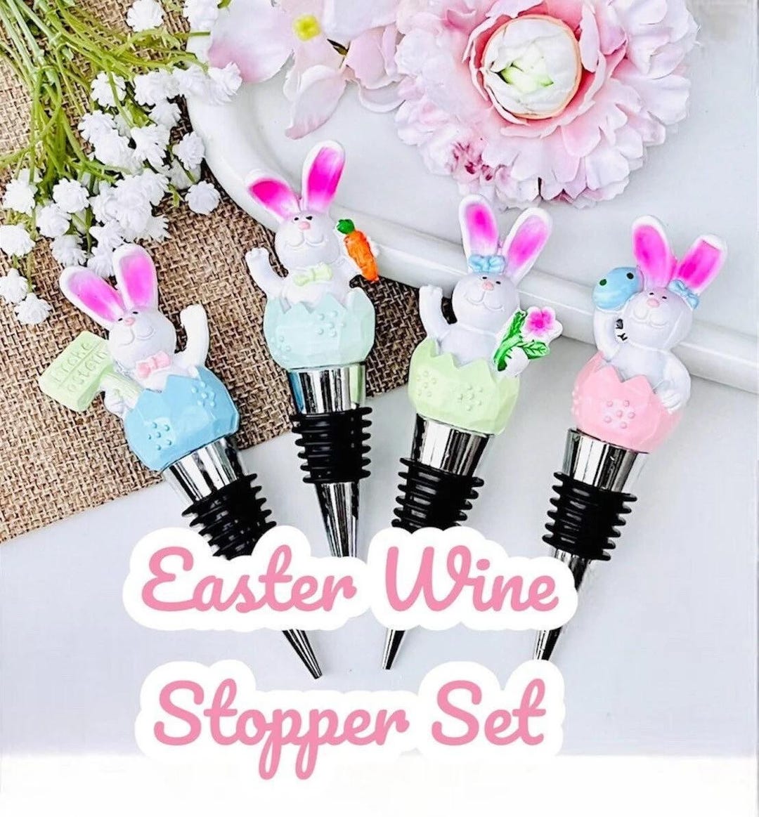 Easter Wine Bunny Rabbit Egg Basket Flower Floral Bottle Stopper ...