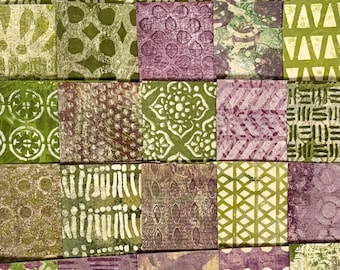 Gelli Print Paper Pack, Handmade Collage Papers, Olive Green and Plum