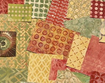 Groen/geel/rood bedrukt papier met gellelliplaat: collageset gemengde techniek