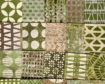 Gelli Print Paper Pack, Handmade Collage Papers, Olive Green and Plum