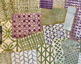 Groen bedrukt papier met gelliplaten: handgemaakte collage en mixed mediakunst