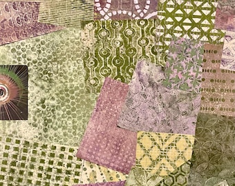 Groen bedrukt papier op gelliplaat: handgemaakte collage en mixed mediakunst