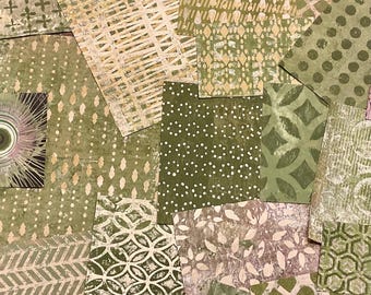 Groen bedrukt papier met gelliplaten: handgemaakte collage en mixed mediakunst
